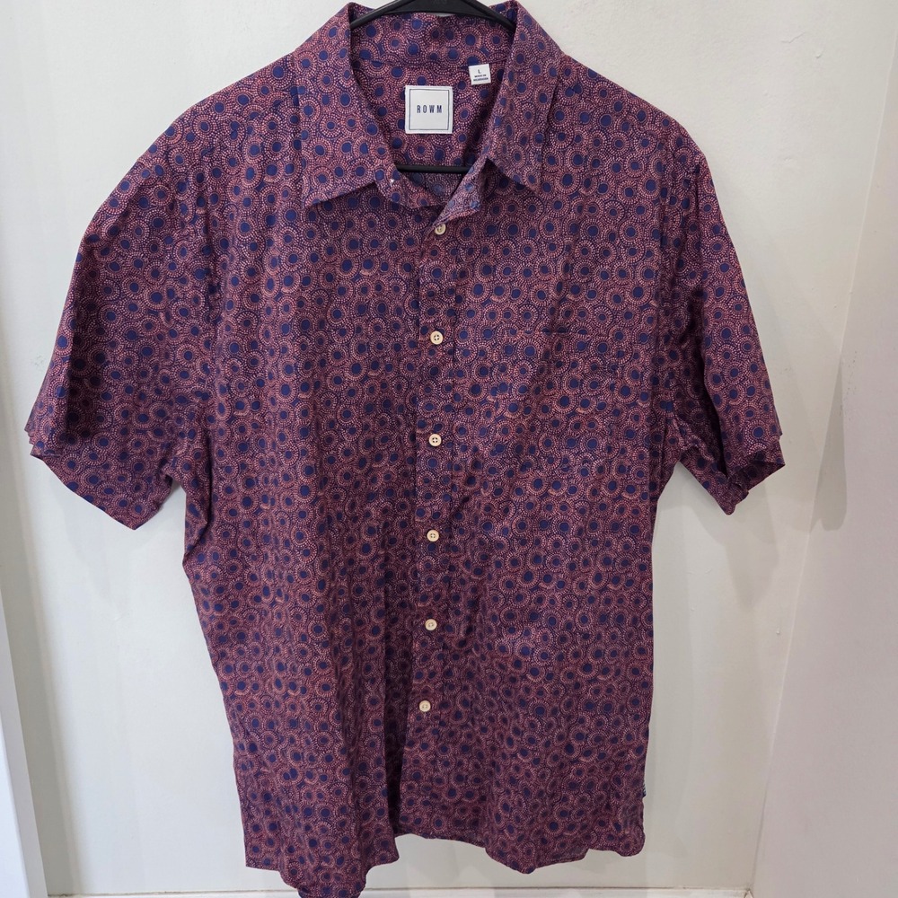 ROWM Button Down Shirt Size L Blue Orange Geometric Dot Print Short Sleeve